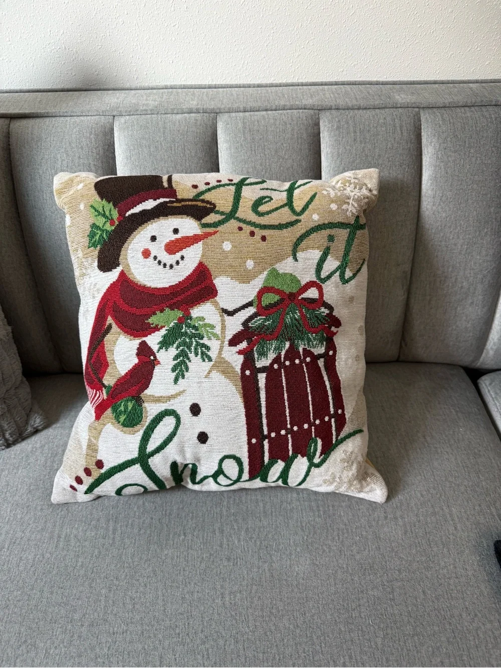 Holiday Snowman Decorative Pillow - Beige, Red & Green